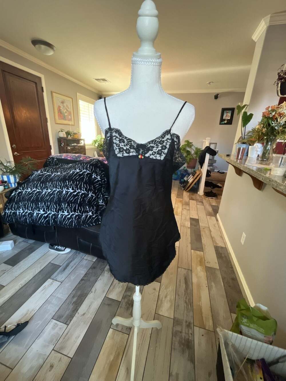 Interludes Vintage Black Satin Slip Dress with Lace Trim and Rose Detail